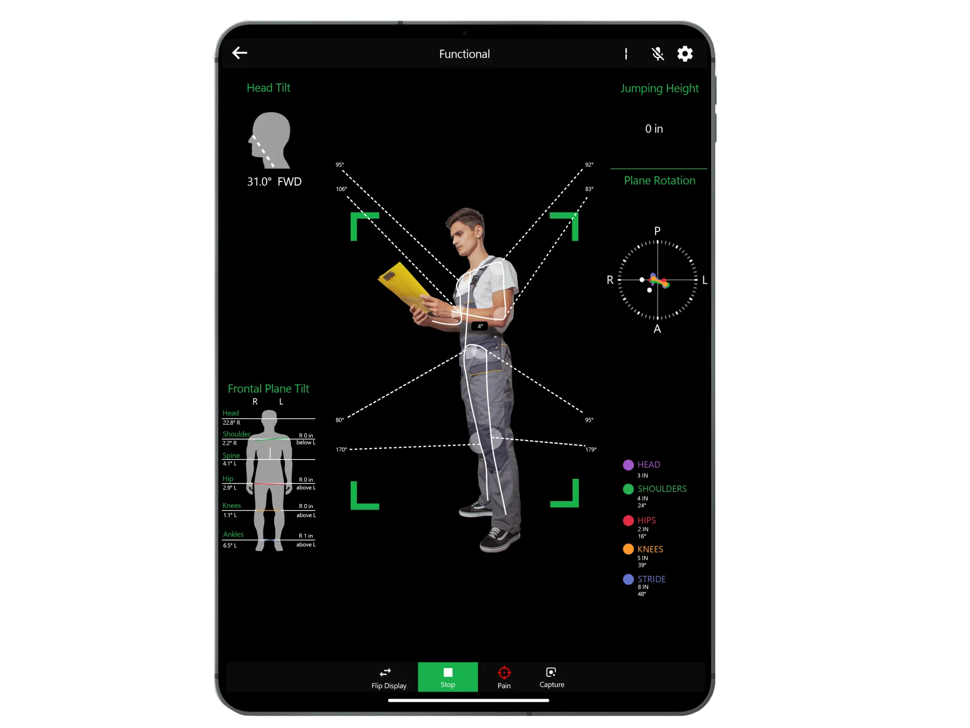 Live Kinetisense data overlay showing head tilt, frontal plane measurements, and joint metrics in real time